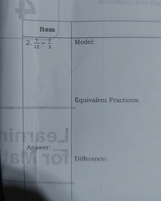 Item 
2.  9/12 - 2/3  Model: 
Equivalent Fractions: 
Answer:_ 
Difference: