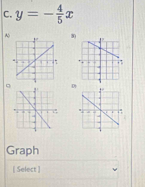 y=- 4/5 x
A) 
B) 
D) 

Graph 
[ Select ]