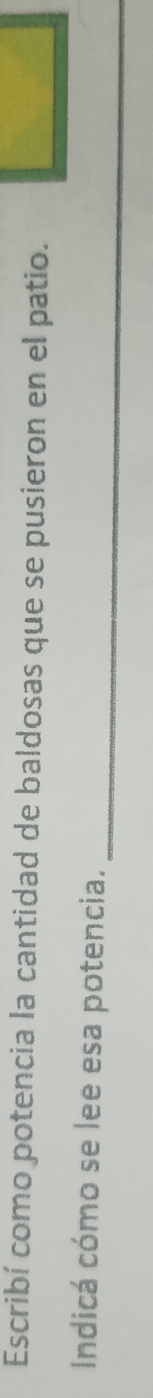 Escribí como potencia la cantidad de baldosas que se pusieron en el patio. 
_ 
Indicá cómo se lee esa potencia.