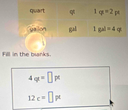 Fill in the banks.
4qt=□ pt
12c=□ pt