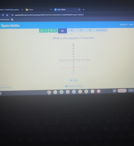 Inben - 2 3nládd34 jocoopatol Home Spars Mattha
sparxmaths.uk/student/package/8d8913c6-9312-4c94-8d14-31d33f594683/task/1/ftem/3
et Bockmarks
Sparx Maths
10.081 XP Ritery
1A 18 1C 1D 1E 1F Summary
What is the equation of the line?
aluò
Previósó * Watch video