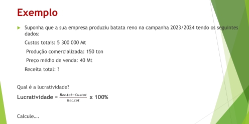 Exemplo 
Suponha que a sua empresa produziu batata reno na campanha 2023/2024 tendo os seguintes 
dados: 
Custos totais: 5 300 000 Mt
Produção comercializada: 150 ton
Preço médio de venda: 40 Mt
Receita total: ? 
Qual é a lucratividade? 
Lucratividade = (Rectat-Custot)/Rectot * 100%
Calcule....