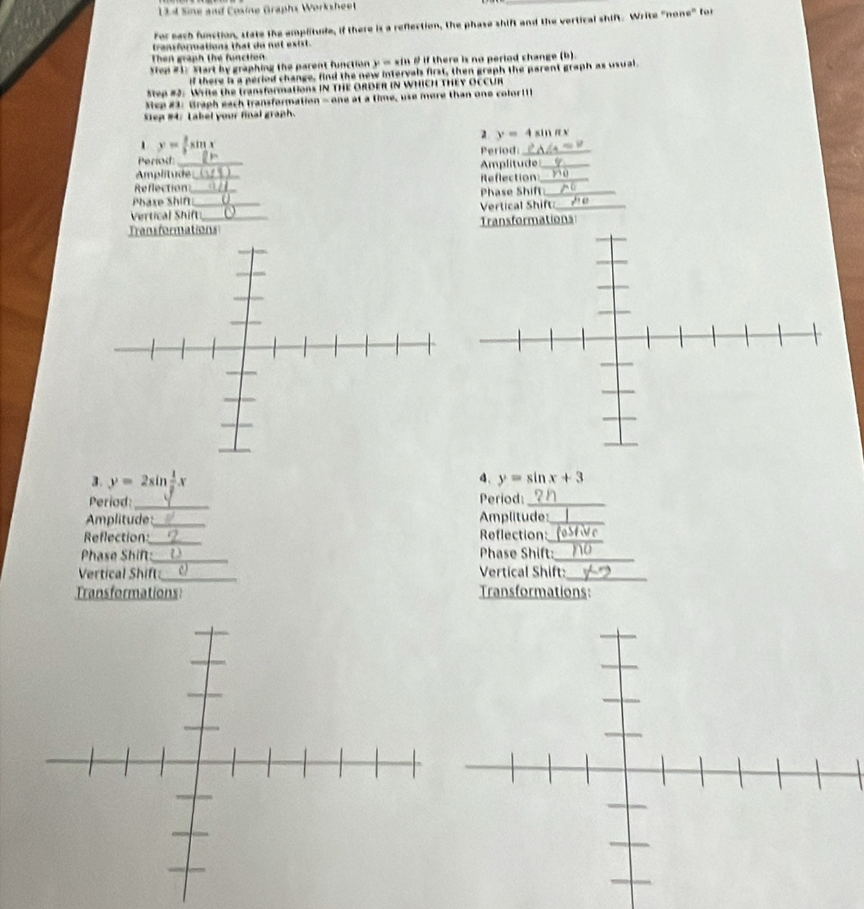 12 4 Sine and Cosine Graphs Worksheet 
_ 
for each function, state the amplitude, if there is a reflection, the phase shift and the vertical shift. Write "none" for 
transforrations that do not exist. 
Then graph the function 
Step #17 Start by graphing the parent function y=0 xin # if there is no period change (b). 
if there is a period change, find the new intervals first, then graph the parent graph as usual 
ten #2: Write the transformations IN THE ORDER IN WHICH THEY OCCUR 
Men #3. Braph each transformation - one at a time, use more than one colort1l 
Step #4: Label your final graph. 
λ y=4sin π x
y= 2/3 sin x
Period Period_ 
Amplitude Amplitude_ 
Reflection _Reflection_ 
Phaxe Shin_ Phase Shift_ 
Vertical Shif_ Vertical Shift_ 
Transformations Transformations 
3. y=2sin  1/2 x 4、 y=sin x+3
Period:_ Period:_ 
mplitude_ Amplitude:_ 
Reflection_ Reflection:_ 
Phase Shif:_ Phase Shift:_ 
Vertical Shift_ Vertical Shift:_ 
Transformations Transformations: