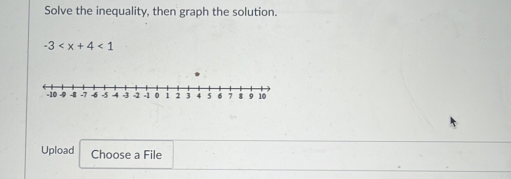 Solve the inequality, then graph the solution.
-3 <1</tex> 
Upload Choose a File