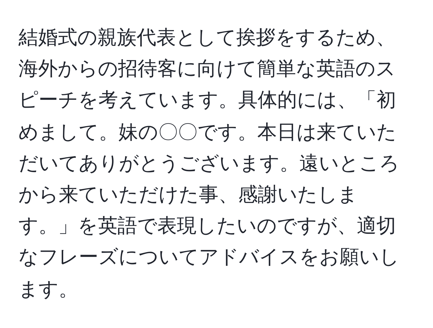 結婚式の親族代表として挨拶をするため、海外からの招待客に向けて簡単な英語のスピーチを考えています。具体的には、「初めまして。妹の〇〇です。本日は来ていただいてありがとうございます。遠いところから来ていただけた事、感謝いたします。」を英語で表現したいのですが、適切なフレーズについてアドバイスをお願いします。