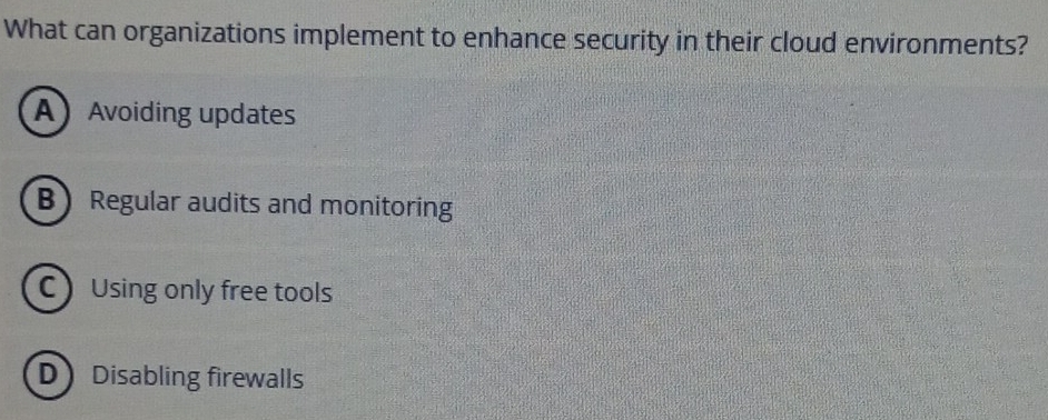 What can organizations implement to enhance security in their cloud environments?
AAvoiding updates
B Regular audits and monitoring
CUsing only free tools
D Disabling firewalls