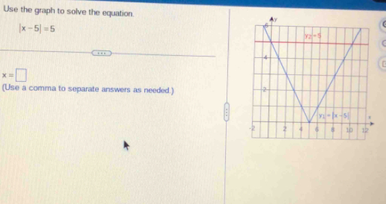 Use the graph to solve the equation.
|x-5|=5
r
x=□
(Use a comma to separate answers as needed.)