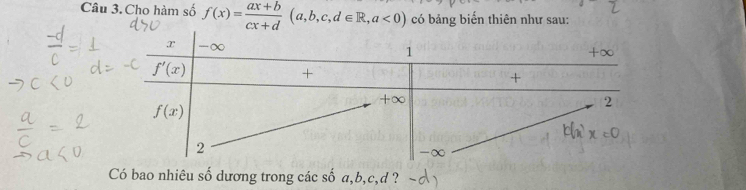 Cho hàm số f(x)= (ax+b)/cx+d (a,b,c,d∈ R,a<0) có bảng biến thiên như sau:
Có bao nhiêu số dương trong các số a,b,c,d ?