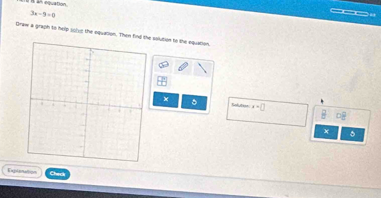 Le is an equation.
3x-9=0
a 
Draw a graph to help solve the equation. Then find the solution to the equation. 
× Solution x=□
 □ /□   □  □ /□   

Explanation Check