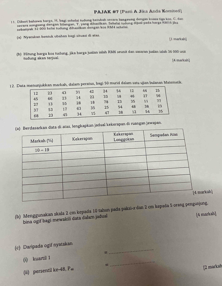 PAJAK #7 [Pasti A Jika Anda Komited]
11. Diberi bahawa harga, H, bagi sehelai tudung berubah secara Iangsung dengan kuasa tiga kos, C. dan
secara songsang dengan bilangan, T, yang dihasilkan. Sehelai tudung dijual pada harga RM16 jika
sebanyak 32 000 helai tudung dihasilkan dengan kos RM4 sehelai.
(a) Nyatakan bentuk ubahan bagi situasi di atas. [1 markah]
(b) Hitung harga kos tudung, jika harga jualan ialah RM6 seunit dan sasaran jualan ialah 36 000 unit
tudung akan terjual. [4 markah]
12. Darkah, dalam peratus, bagi 50 murid dalam satu ujian bulanan Matematik.
ta di atas, lengkapkan jadual kekerapan di ruangan jawapan.
kah]
(b) Menggunakan skala 2 cm kepada 10 tahun pada paksi-x dan 2 cm kepada 5 orang pengunjung,
bina ogif bagi mewakili data dalam jadual
[4 markah]
(c) Daripada ogif nyatakan
_
(i) kuartil 1 =
_
(ii) persentil ke-48, P₄ =
[2 markah