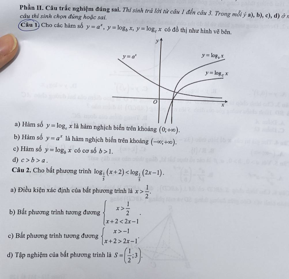 Phần II. Câu trắc nghiệm đúng sai. Thí sinh trả lời từ câu 1 đến câu 3. Trong mỗi ý a), b), c), d) ở n
câu thí sinh chọn đúng hoặc sai.
Câu 1) Cho các hàm số y=a^x,y=log _bx,y=log _cx có 1 6 thị như hình vẽ bên.
a) Hàm số y=log _cx1a hàm nghịch biến trên khoảng (0;+∈fty ).
b) Hàm số y=a^x là hàm nghịch biến trên khoảng (-∈fty ;+∈fty ).
c) Hàm số y=log _bx có cơ số b>1.
d) c>b>a.
Câu 2. Cho bất phương trình log _ 1/5 (x+2)
a) Điều kiện xác định của bất phương trình là x> 1/2 .
b) Bất phương trình tương đương beginarrayl x> 1/2  x+2<2x-1endarray. .
c) Bất phương trình tương đương beginarrayl x>-1 x+2>2x-1endarray. .
d) Tập nghiệm của bất phương trình là S=( 1/2 ;3).