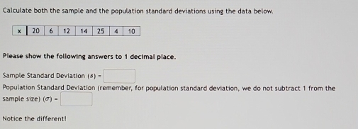 Calculate both the sample and the population standard deviations using the data below. 
Please show the following answers to 1 decimal place. 
Sample Standard Deviation (s)=□
Population Standard Deviation (remember, for population standard deviation, we do not subtract 1 from the 
sample size) (sigma )=□
Notice the different!