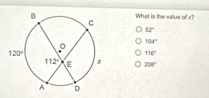 What is the value of z?
52°
104°
116°
208°