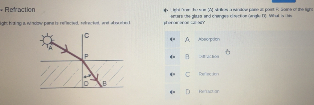 Solved: Refraction Light from the sun (A) strikes a window pane at ...