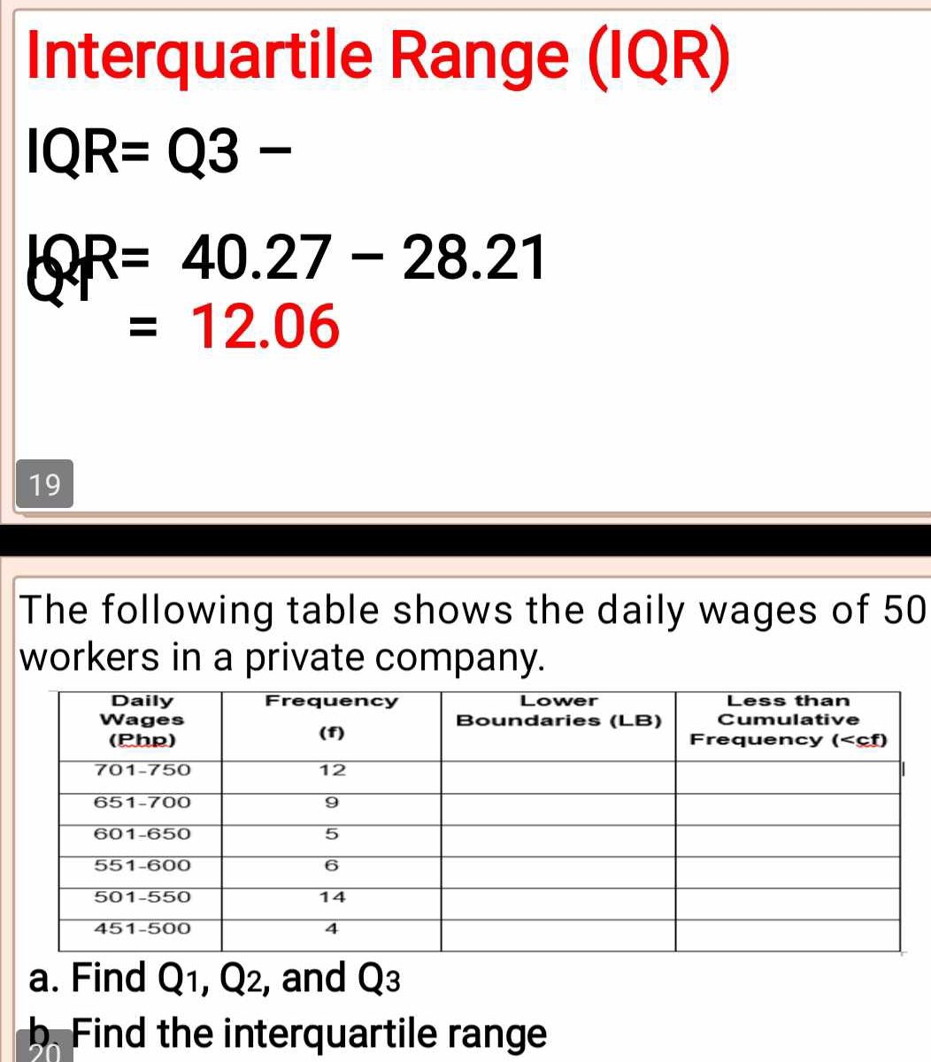 Interquartile Range (IQR)
IQR=Q3-
QR=40.27-28.21
=12.06
19
The following table shows the daily wages of 50
workers in a private company.
a. Find Q1, Q2, and Q3
b. Find the interquartile range