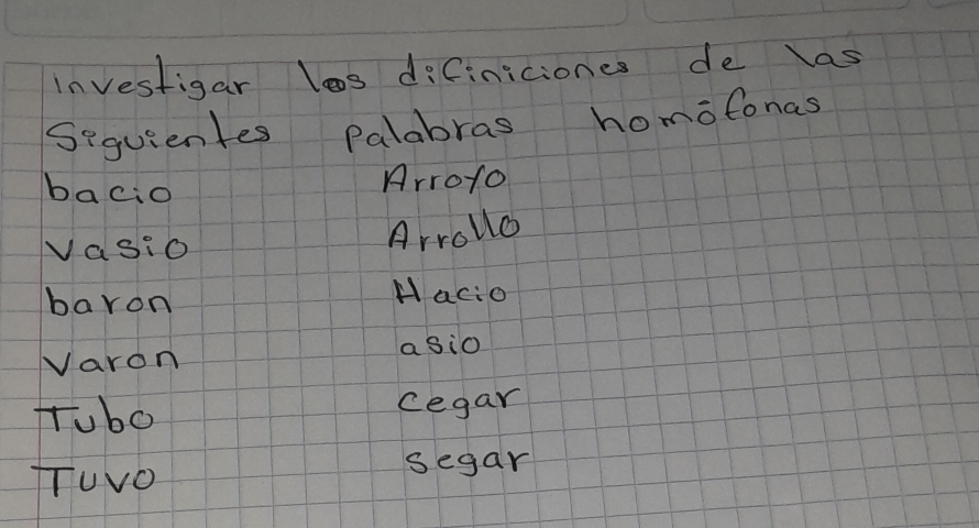 Investigar les difiniciones de las 
Sequientes palabras homofonas 
bacio 
Arroto 
Vasio 
Arrolle 
baron H acio 
Varon a sio 
trubo cegar 
TTUVO segar