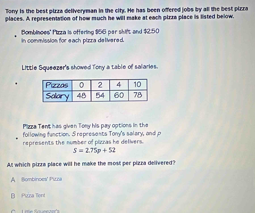 Tony is the best pizza deliveryman in the city. He has been offered jobs by all the best pizza
places. A representation of how much he will make at each pizza place is listed below.
Bombinoes' Pizza is offering $56 per shift and $2.50
in commission for each pizza delivered.
Little Squeezer's showed Tony a table of salaries.
Pizza Tent has given Tony his pay options in the
following function. S represents Tony's salary, and p
represents the number of pizzas he delivers.
S=2.75p+52
At which pizza place will he make the most per pizza delivered?
A Bombinoes' Pizza
B Pizza Tent
C Little Saueezer's