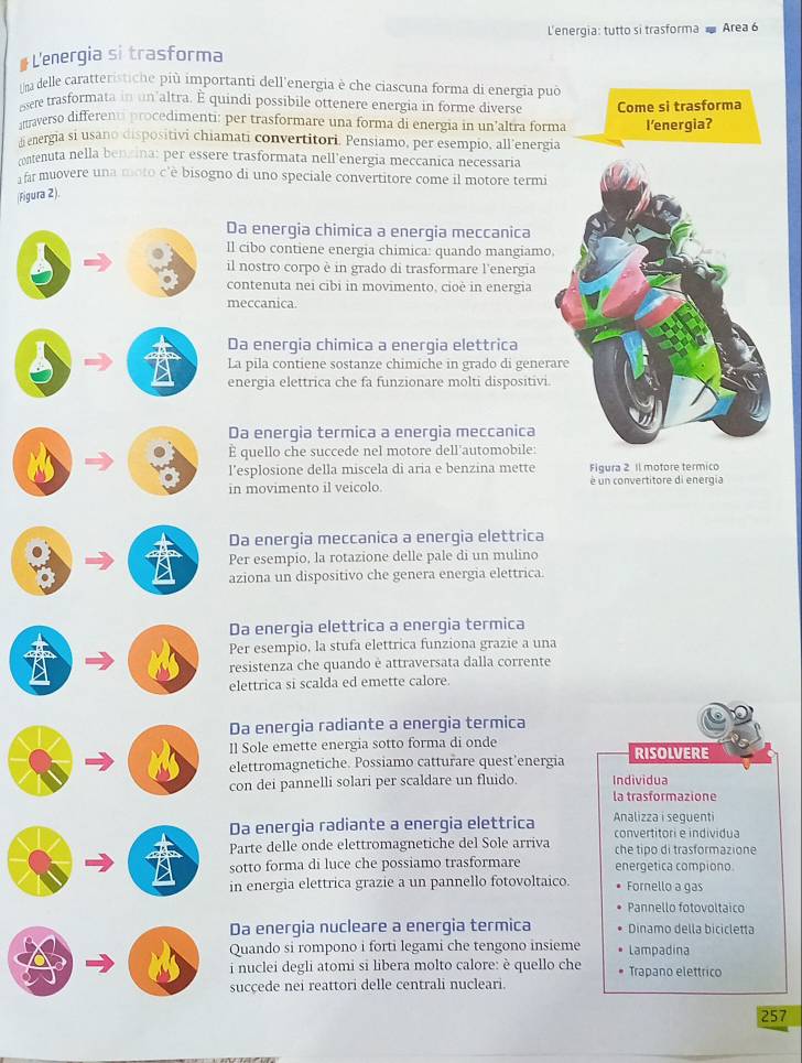 L'energia: tutto si trasforma Area 6
L'energia si trasforma
Una delle caratteristiche più importanti dell'energia è che ciascuna forma di energia può
esere trasformata in un'altra. È quindi possibile ottenere energia in forme diverse
aaverso different procedimenti: per trasformare una forma di energia in un’altra forma Come si trasforma l'energia?
a energia si usano dispositivi chiamati convertitori. Pensiamo, per esempio, all’energia
anenuta nella benzina: per essere trasformata nell’energia meccanica necessaria
far muovere una moto c'è bisogno di uno speciale convertitore come il motore termi
(Figura 2).
Da energía chimica a energia meccanica
ll cibo contiene energia chimica: quando mangiamo
il nostro corpo è in grado di trasformare l'energia
contenuta nei cibi in movimento, cioè in energia
meccanica.
Da energia chimica a energia elettrica
La pila contiene sostanze chimiche in grado di generare
energia elettrica che fa funzionare molti dispositivi.
Da energia termica a energia meccanica
E quello che succede nel motore dell'automobile:
l’esplosione della miscela di aria e benzina mette Figura 2 1l motore termico
in movimento il veicolo. é un convertitore di energia
Da energia meccanica a energia elettrica
Per esempio, la rotazione delle pale di un mulino
aziona un dispositivo che genera energia elettrica.
Da energia elettrica a energia termica
Per esempio, la stufa elettrica funziona grazie a una
resistenza che quando è attraversata dalla corrente
elettrica si scalda ed emette calore.
Da energia radiante a energia termica
Il Sole emette energia sotto forma di onde
elettromagnetiche. Possiamo catturare quest’energia RISOLVERE
con dei pannelli solari per scaldare un fluido. Individua
la trasformazione
Analizza i seguenti
Da energia radiante a energia elettrica convertitori e individua
Parte delle onde elettromagnetiche del Sole arriva che tipo di trasformazione
sotto forma di luce che possiamo trasformare energetica compiono
in energia elettrica grazie a un pannello fotovoltaico. Fornello a gas
Pannello fotovoltaico
Da energia nucleare a energia termica Dinamo della bicicletta
Quando si rompono i forti legami che tengono insieme Lampadina
i nuclei degli atomi si libera molto calore: è quello che Trapano elettrico
sucçede nei reattori delle centrali nucleari.
257