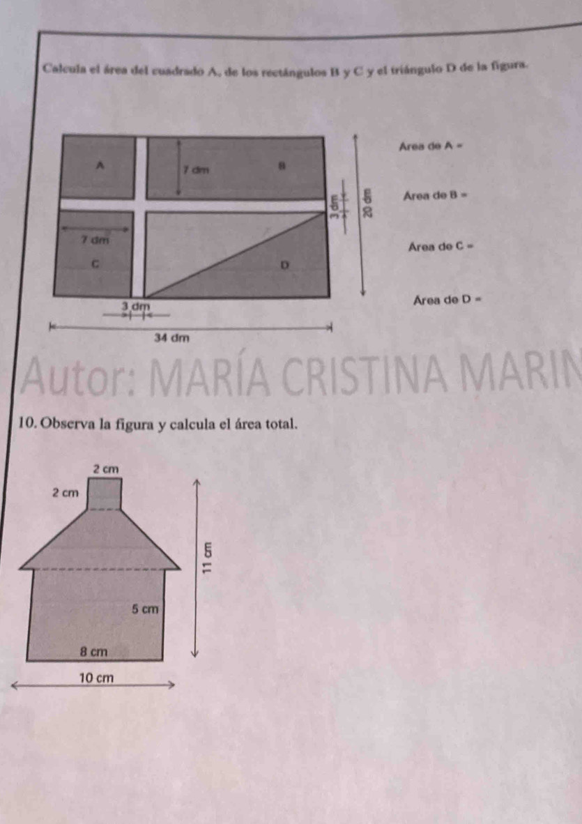 Calcula el área del cuadrado A, de los rectángulos B y C y el triángulo D de la figura. 
Area de A. 
A
7 dm s 
ξ Area de B=

R
7 dm
Area de C=
C 
D
3 dm Area de D=
34 dm
Autor: MARÍA CRISTINA MARIN 
10. Observa la figura y calcula el área total.