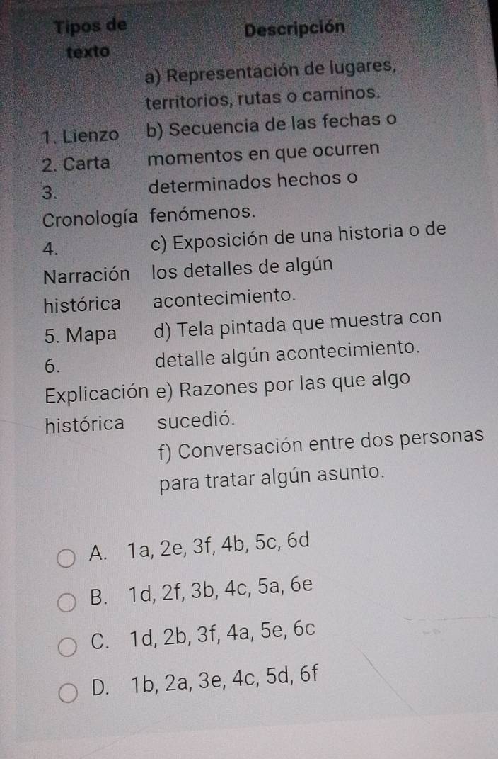 Tipos de Descripción
texto
a) Representación de lugares,
territorios, rutas o caminos.
1. Lienzo b) Secuencia de las fechas o
2. Carta momentos en que ocurren
3. determinados hechos o
Cronología fenómenos.
4.
c) Exposición de una historia o de
Narración los detalles de algún
histórica acontecimiento.
5. Mapa d) Tela pintada que muestra con
6. detalle algún acontecimiento.
Explicación e) Razones por las que algo
histórica sucedió.
f) Conversación entre dos personas
para tratar algún asunto.
A. 1a, 2e, 3f, 4b, 5c, 6d
B. 1d, 2f, 3b, 4c, 5a, 6e
C. 1d, 2b, 3f, 4a, 5e, 6c
D. 1b, 2a, 3e, 4c, 5d, 6f