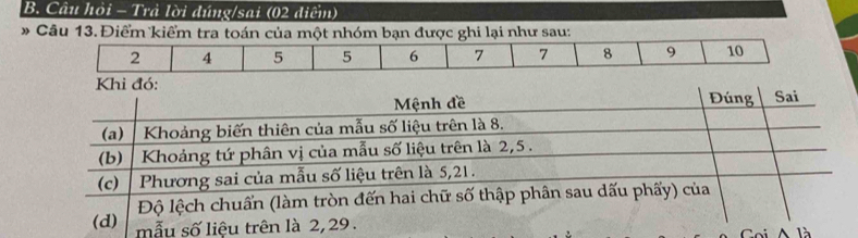 Câu hỏi - Trả lời đúng/sai (02 điểm) 
* Câu 13. Điểm kiểm tra toán của một nhóm bạn được ghi lại như sau: 
Khi đó: 
Coi A là