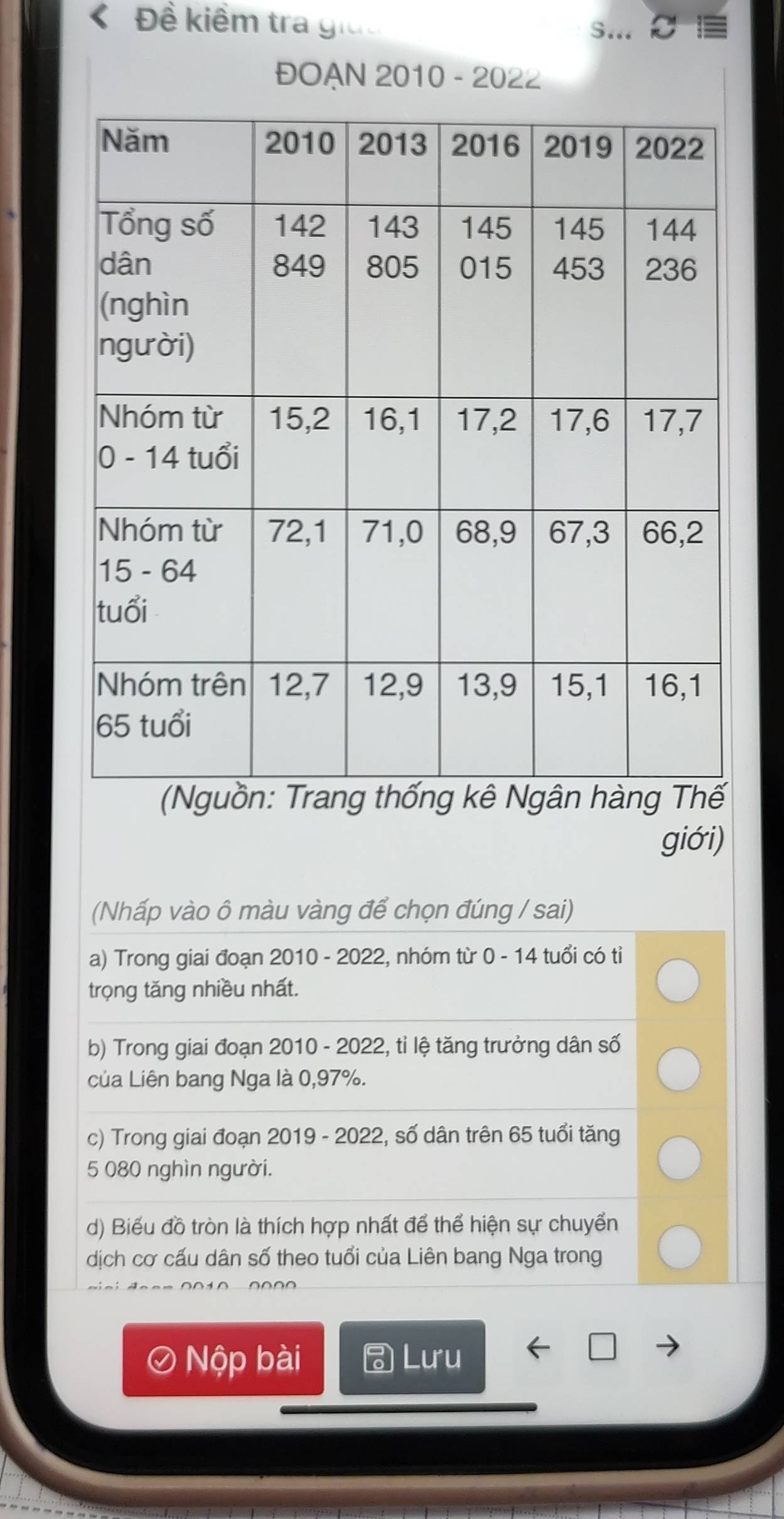 Đề kiềm tra giữo 
ĐOẠN 2010 - 2022 
giới) 
(Nhấp vào ô màu vàng để chọn đúng / sai) 
a) Trong giai đoạn 2010 - 2022, nhóm từ 0 - 14 tuổi có tỉ 
trọng tăng nhiều nhất. 
b) Trong giai đoạn 2010 - 2022, tỉ lệ tăng trưởng dân số 
của Liên bang Nga là 0,97%. 
c) Trong giai đoạn 2019 - 2022, số dân trên 65 tuổi tăng 
5 080 nghìn người. 
d) Biểu đồ tròn là thích hợp nhất để thể hiện sự chuyển 
dịch cơ cấu dân số theo tuổi của Liên bang Nga trong 
Nộp bài ) Lưu