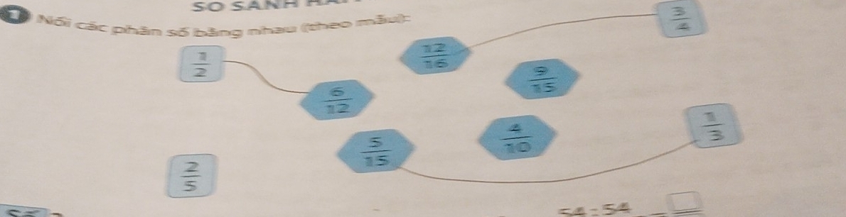 ố Nối các phân số bằng nhau (theo mẫu):
 3/4 
 1/2 
 12/16 
 9/15 
 6/12 
 5/15 
 4/10 
 1/3 
 2/5 
54:54 _ □ 