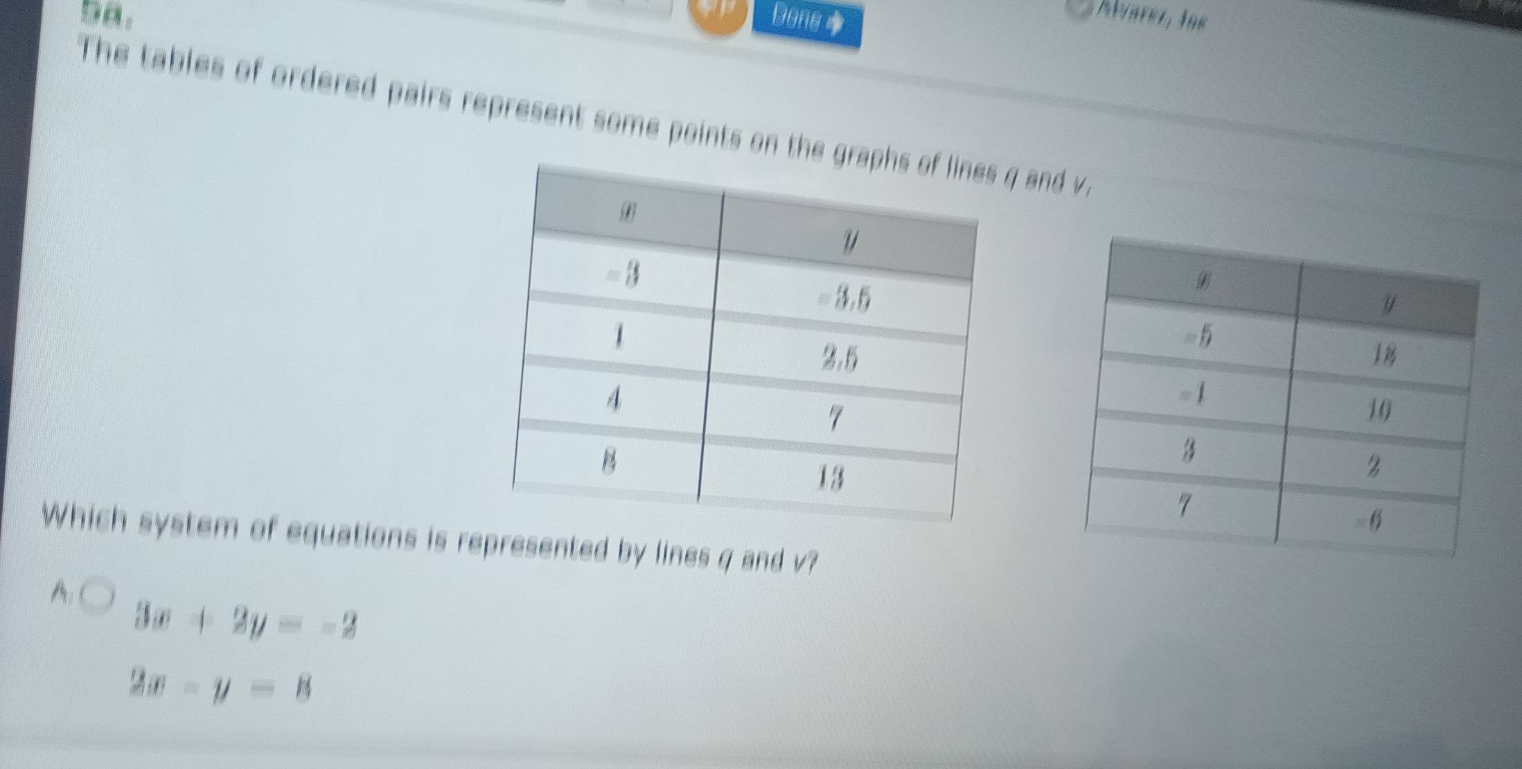 ba. Dong
The tables of ordered pairs represent some points on theq and v.
Which system of equations is represented by lines q and v?
A:
3x+2y=-2
2x-y=8