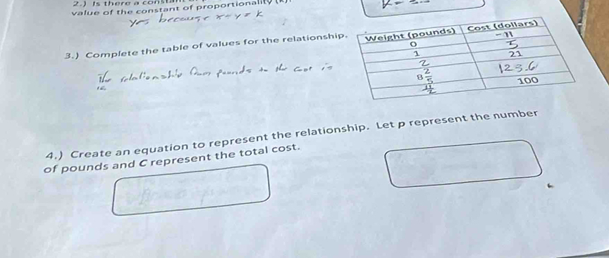 2.) Is there a consta
value of the constant of proportionality
3.) Complete the table of values for the relationshi
4.) Create an equation to represent the relationship. Let p represent the number
of pounds and C represent the total cost.