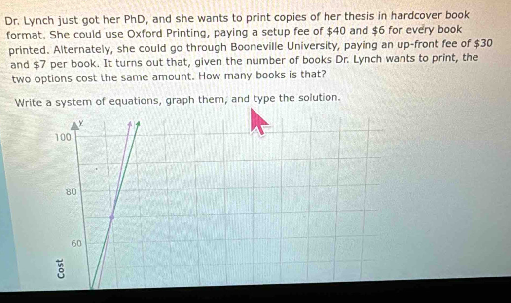 Dr. Lynch just got her PhD, and she wants to print copies of her thesis in hardcover book 
format. She could use Oxford Printing, paying a setup fee of $40 and $6 for every book 
printed. Alternately, she could go through Booneville University, paying an up-front fee of $30
and $7 per book. It turns out that, given the number of books Dr. Lynch wants to print, the 
two options cost the same amount. How many books is that? 
Write a system of equations, graph them, and type the solution.