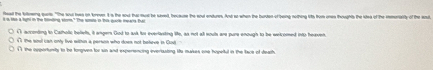 fead the folewing ques. "The soul ives on forever. It is the soul that must be saved, because the soul endures. And so when the burden of being nothing lits from ones thoughts the idea of the inmortality of the iout, 
it i like a light in the tilnding storm." The smie in this quote mears that 
N according to Catholic betets, it angers God to ask for everlasting liffe, as not all souts are pure enough to be welcomed into heaven. 
the szul can only five within a person who does not believe in God. 
( the opportunity to be forgiven for sin and experiencing everlasting life makes one hopeful in the face of death.