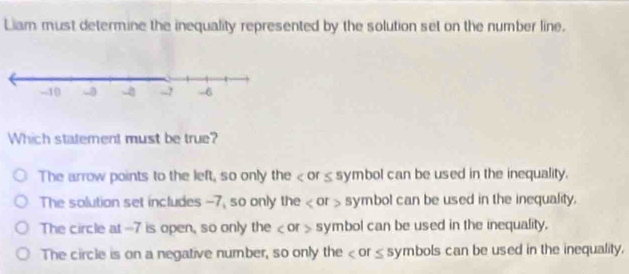 Liam must determine the inequality represented by the solution set on the number line.
Which statement must be true?
The arrow points to the left, so only the
The solution set includes -7, so only the or symbol can be used in the inequality.
The circle at -7 is open, so only the or symbol can be used in the inequality.
The circle is on a negative number, so only the or ≤ symbols can be used in the inequality.