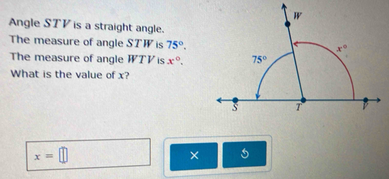 Solved: Angle STV is a straight angle. The measure of angle STW is 75 ...
