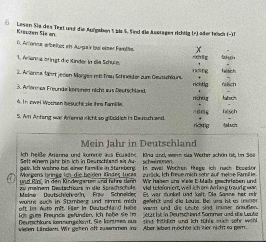 ⑥ Lesen Sie den Text und die Aufgaben 1 bis 5. Sind die Aussagen richtig (+) oder falsch (−)7
Kreuzen Sie an.
0. Arianna arbeitet als Au-pair bei einer Familie.
X
richtig falsch
1. Arianna bringt die Kinder in die Schule.
richtig falsch
2. Arianna fährt Jeden Morgen mit Frau Schneider zum Deutschkurs.
richtig falsch
3. Arlarınas Freunde kommen nicht aus Deutschland.

richtig falsch
4. In zwei Wochen besucht sie ihre Familie.
richtig falsch
5. Am Anfang war Arlanna nicht so glücklich in Deutschland. -
richtig falsch
Mein Jahr in Deutschland
ich heiße Arianna und komme aus Ecuador. Kino und, wenn das Wetter schön ist, im See
Seit einern Jahr bin ich in Deutschland als Au- schwimmen.
pair. Ich wohne bei einer Famille in Starnberg. In zwei Wochen fliege ich nach Ecuador
a Morgens bringe ich die beiden Kinder Lucas zurück, Ich freue mich sehr auf meine Familie.
und Rini, in den Kindergarten und fahre dann Wir haben uns viele E-Mails geschrieben und
zu meinem Deutschkurs in die Sprachschule. viel telefoniert, weil ich am Anfang traurig war.
Meine Deutschlehrerin, Frau Schneider, Es war dunkel und kalt. Die Sonne hat mir
wohnt auch in Stamberg und nimmt mich gefehit und die Leute. Bei uns ist es immer
oft im Auto mit. Hier in Deutschland habe warm und die Leute sind immer draußen.
Ich gute Freunde gefunden. Ich habe sie im Jetzt ist in Deutschland Sommer und die Leute
Deutschkurs kennengelernt. Sie kommen aus sind fröhlich und ich fühle mich sehr wohl.
vielen Ländern. Wir gehen oft zusammen ins Aber leben möchte ich hier nicht so gem.