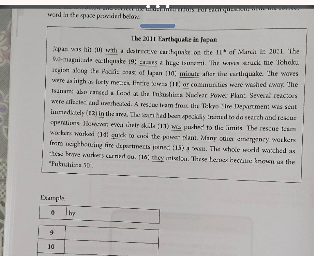 he u nder med errors. For each question , 
word in the space provided below. 
The 2011 Earthquake in Japan 
Japan was hit (0) with a destructive earthquake on the 11^(th) of March in 2011. The 
9.0-magnitude earthquake (9) causes a huge tsunami. The waves struck the Tohoku 
region along the Pacific coast of Japan (10) minute after the earthquake. The waves 
were as high as forty metres. Entire towns (11) or communities were washed away. The 
tsunami also caused a flood at the Fukushima Nuclear Power Plant. Several reactors 
were affected and overheated. A rescue team from the Tokyo Fire Department was sent 
immediately (12) in the area. The team had been specially trained to do search and rescue 
operations. However, even their skills (13) was pushed to the limits. The rescue team 
workers worked (14) quick to cool the power plant. Many other emergency workers 
from neighbouring fire departments joined (15) a team. The whole world watched as 
these brave workers carried out (16) they mission. These heroes became known as the 
“Fukushima 50'? 
Example: 
0 by