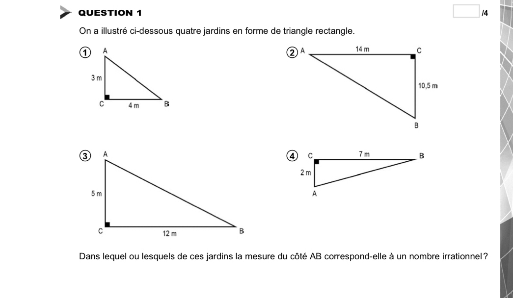 On a illustré ci-dessous quatre jardins en forme de triangle rectangle. 
Dans lequel ou lesquels de ces jardins la mesure du côté AB correspond-elle à un nombre irrationnel?