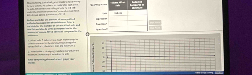 Affred is selling basketball game tickets to raise money
for new jerseys. He collects six dollars for each ticket Quantity Name Tickets Alfred Collected
he sells. When he starts selling tickets, he is $118 Sells Compared to Minimum
under the minimum amount of money he must raise.
Alfred must collect a minimum of $118. Unit tickets
Define a unit for the amount of money Alfred
collected compared to the minimum. Enter a Expression
variable for the number of tickets Alfred sells and Question 1 Pot Pors
use this variable to write an expression for the
amount of money Alfred collected compared to the Question 2
minimum.
1. Alfred sells 5 tickets. How much money does he
collect compared to the minimum? (Use negative 90
values if Alfred collects less than the minimum.)
60
2. Alfred collects ninety-eight dollars more than the 30
minimum. How many tickets does he sell?
D
After completing the worksheet, graph your
model. -30
60
-90 203 Carage tearing '' Eala