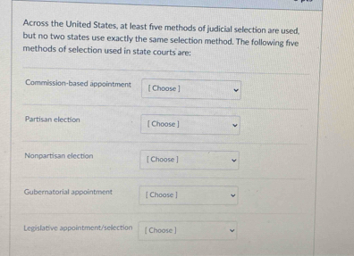 Across the United States, at least five methods of judicial selection are used, 
but no two states use exactly the same selection method. The following five 
methods of selection used in state courts are: 
Commission-based appointment [ Choose ] 
Partisan election [ Choose ] 
Nonpartisan election [ Choose ] 
Gubernatorial appointment [ Choose ] 
Legislative appointment/selection [ Choose ]