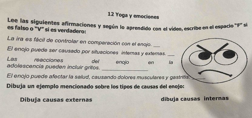 Yoga y emociones
Lee las siguientes afirmaciones y según lo aprendido con el vídeo, escribe en el espacio “F” si
es falso o “ V ” si es verdadero:
La ira es fácil de controlar en comparación con el enojo._
El enojo puede ser causado por situaciones internas y externas._
Las reacciones del enojo en la
adolescencia pueden incluir gritos._
El enojo puede afectar la salud, causando dolores musculares y ga
Dibuja un ejemplo mencionado sobre los tipos de causas del enojo:
Dibuja causas externas dibuja causas internas