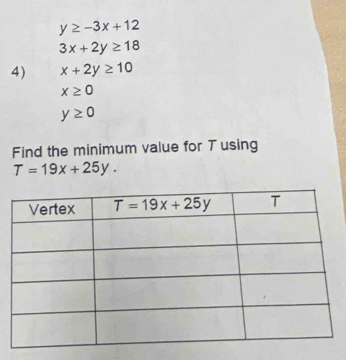 y≥ -3x+12
3x+2y≥ 18
4) x+2y≥ 10
x≥ 0
y≥ 0
Find the minimum value for Tusing
T=19x+25y.