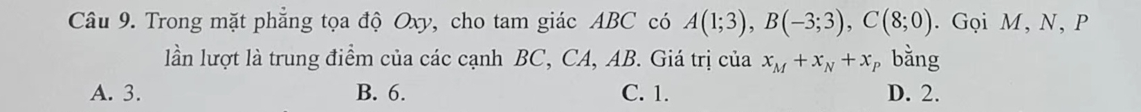 Trong mặt phẳng tọa độ Oxy, cho tam giác ABC có A(1;3), B(-3;3), C(8;0). Gọi M, N, P
lần lượt là trung điểm của các cạnh BC, CA, AB. Giá trị của x_M+x_N+x_I bằng
A. 3. B. 6. C. 1. D. 2.