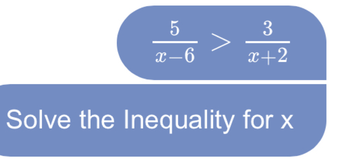  5/x-6 > 3/x+2 
Solve the Inequality for x