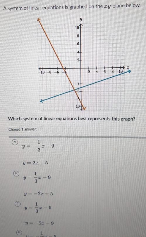 A system of linear equations is graphed on the xy -plane below.
Which system of linear equations best represents this graph?
Choose 1 answer:
A y=- 1/3 x-9
y=2x-5
B y= 1/3 x-9
y=-2x-5
y= 1/3 x-5
y=-2x-9
D u=_ 