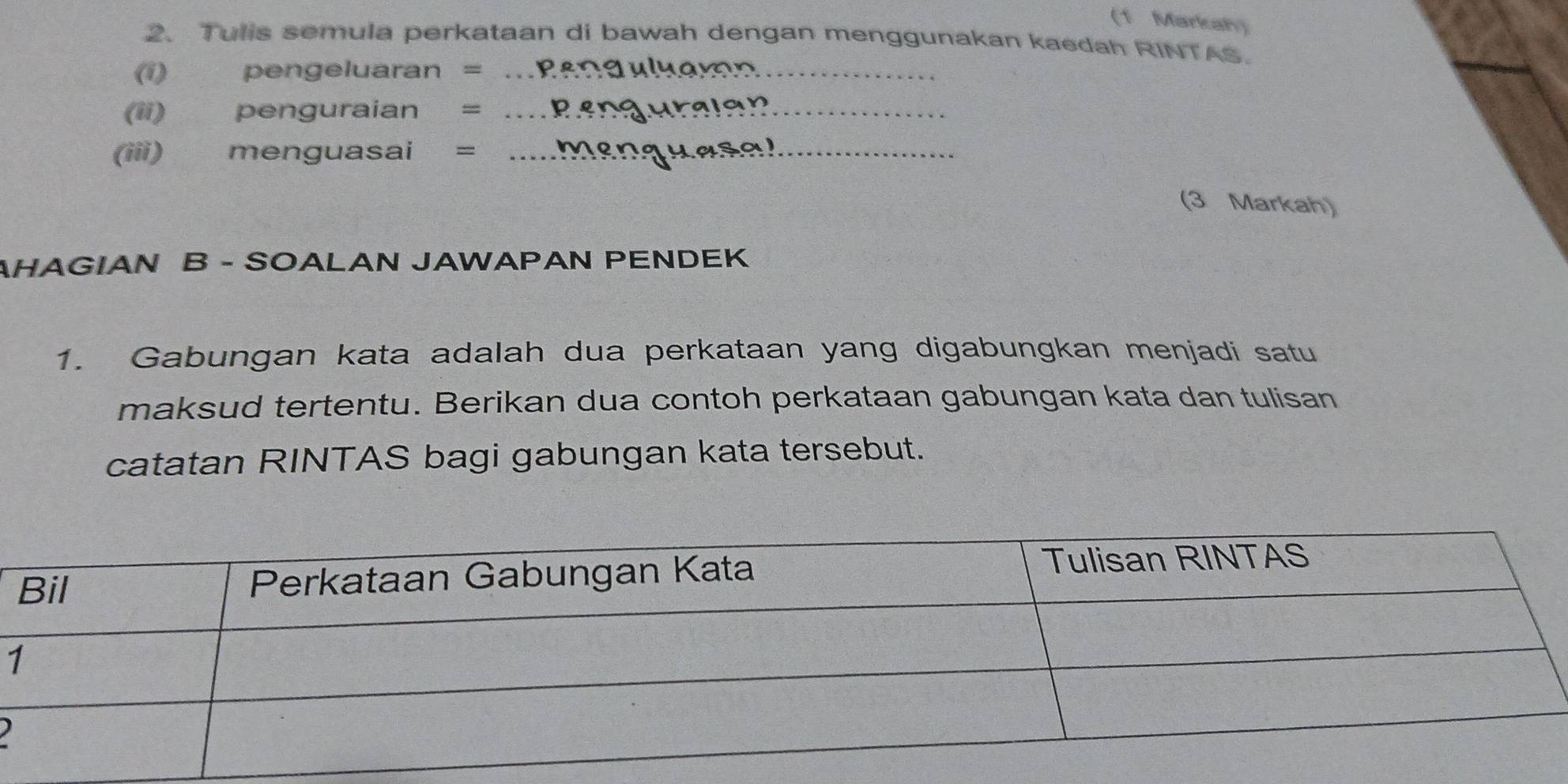 (1 Markah) 
2.Tulis semula perkataan di bawah dengan menggunakan kaedah RINTAS. 
(i) pengeluaran =_ 
(ii) penguraian =_ 
(iii) menguasai =_ 
(3 Markah) 
AHAGIAN B - SOALAN JAWAPAN PENDEK 
1. Gabungan kata adalah dua perkataan yang digabungkan menjadi satu 
maksud tertentu. Berikan dua contoh perkataan gabungan kata dan tulisan 
catatan RINTAS bagi gabungan kata tersebut.