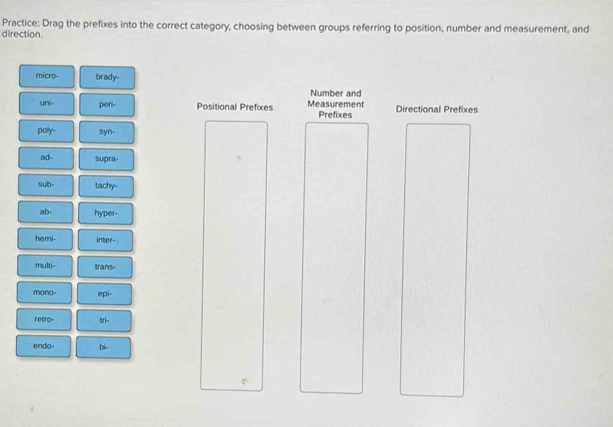 Solved: Practice: Drag the prefixes into the correct category, choosing ...