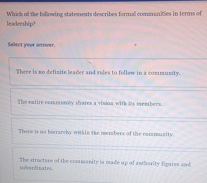 Which of the following statements describes formal communities in terms of
leadership?
Select your answer.
There is no definite leader and rules to follow in a community.
The entire community shares a vision with its members.
There is no hierarchy within the members of the community.
The structure of the community is made up of authority figures and
subordinates.