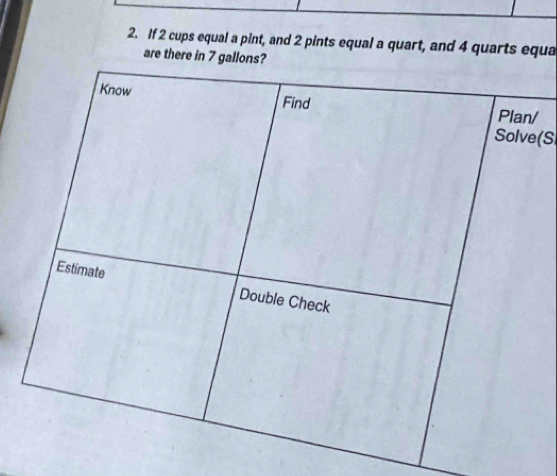 If 2 cups equal a pint, and 2 pints equal a quart, and 4 quarts equa 
are there in 7 gallon
/ 
(S