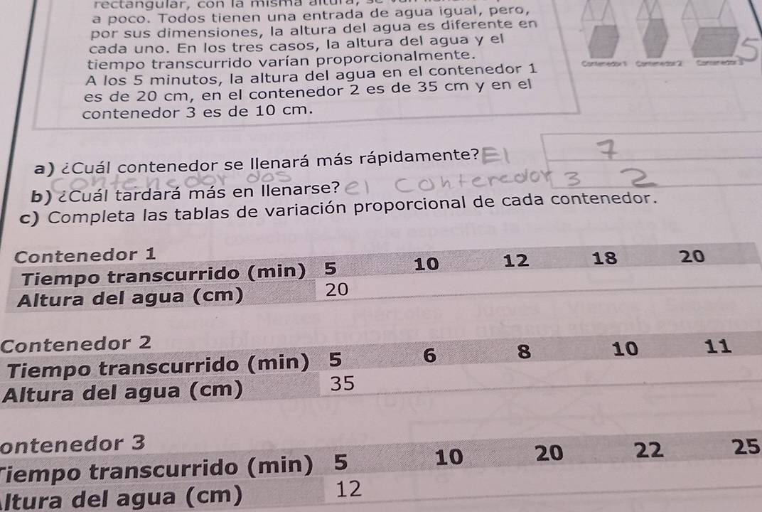 rectangular, con la misma altura, 
a poco. Todos tienen una entrada de agua igual, pero, 
por sus dimensiones, la altura del agua es diferente en 
cada uno. En los tres casos, la altura del agua y el 
tiempo transcurrido varían proporcionalmente. 
A los 5 minutos, la altura del agua en el contenedor 1 Contenedor 1 Coneredor 2 Corcer edor 3
es de 20 cm, en el contenedor 2 es de 35 cm y en el 
contenedor 3 es de 10 cm. 
a) ¿Cuál contenedor se Ilenará más rápidamente? 
b) ¿Cuál tardará más en Ilenarse? 
c) Completa las tablas de variación proporcional de cada contenedor. 
Contenedor 1 20
Tiempo transcurrido (min) 5
10 12 18
Altura del agua (cm)
20
Contenedor 2 11
10
Tiempo transcurrido (min) 5
6 8
Altura del agua (cm)
35
ontenedor 3 25
Tiempo transcurrido (min) 5
10 20 22
Áltura del agua (cm)
12