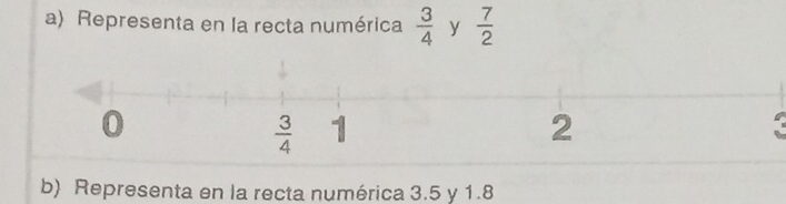 Representa en la recta numérica  3/4  y  7/2 
b) Representa en la recta numérica 3.5 y 1.8