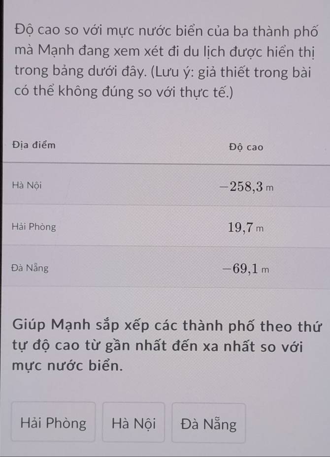 Độ cao so với mực nước biển của ba thành phố
mà Mạnh đang xem xét đi du lịch được hiển thị
trong bảng dưới đây. (Lưu ý : giả thiết trong bài
có thể không đúng so với thực tế.)
Giúp Mạnh sắp xếp các thành phố theo thứ
tự độ cao từ gần nhất đến xa nhất so với
mực nước biển.
Hải Phòng Hà Nội Đà Nẵng